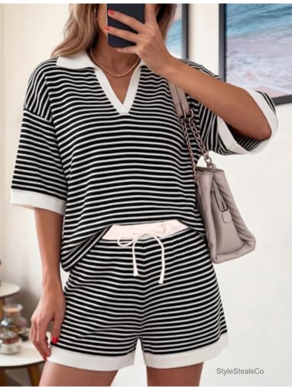 Women's 2 Piece Shorts Set Striped Waffle Knit Matching Outfit V-Neck - Picture 5 of 5